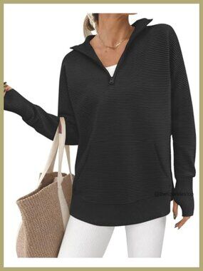 Quarter Zip V Neck Pullover Sweater with Thumb Hole Kangaroo Pocket